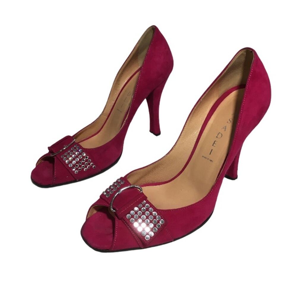 Casadei Pink Suede Peep Toe Pumps w Rhinestones 7
